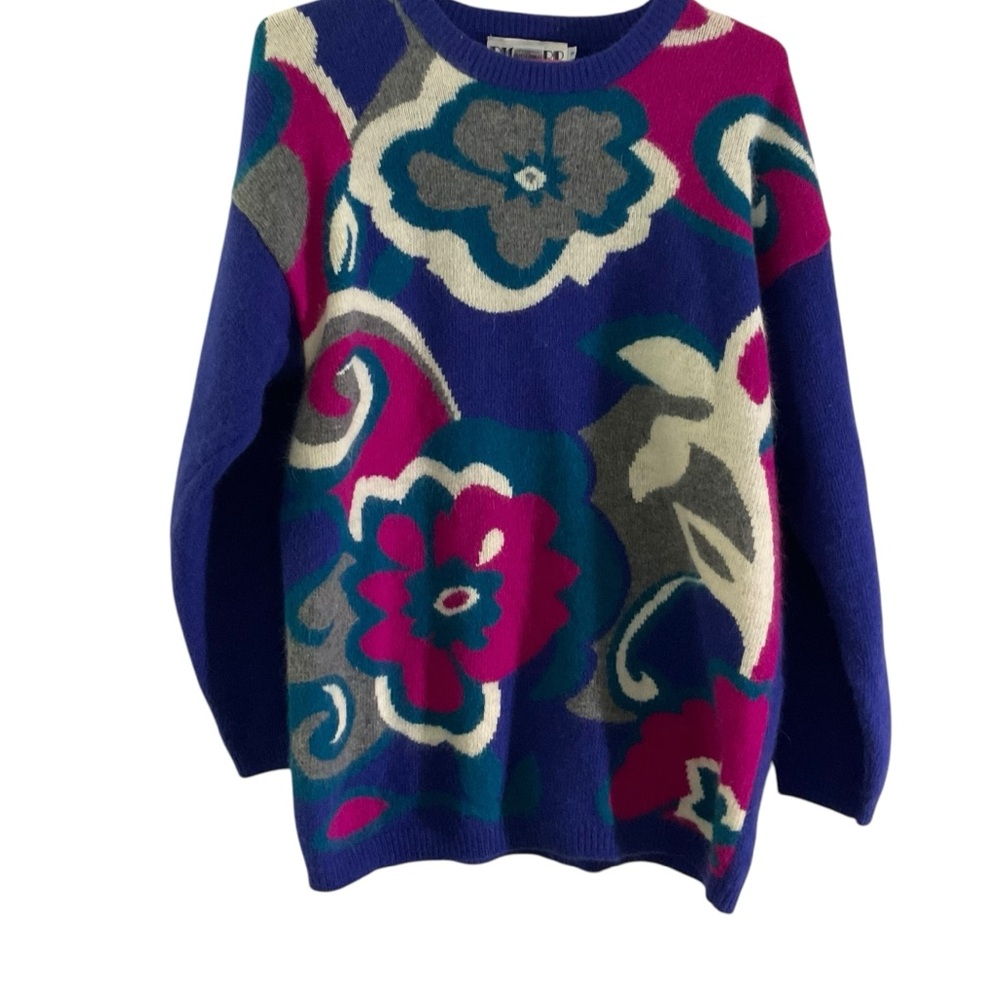 Bold Floral Crewneck Sweater in Blue and Magenta